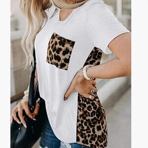 Uusollecy V-Neck T-shirt, Base Splicing White/Leopard